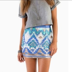 Tobi Blue Multicolor Sequined Aztec Mini Skirt S